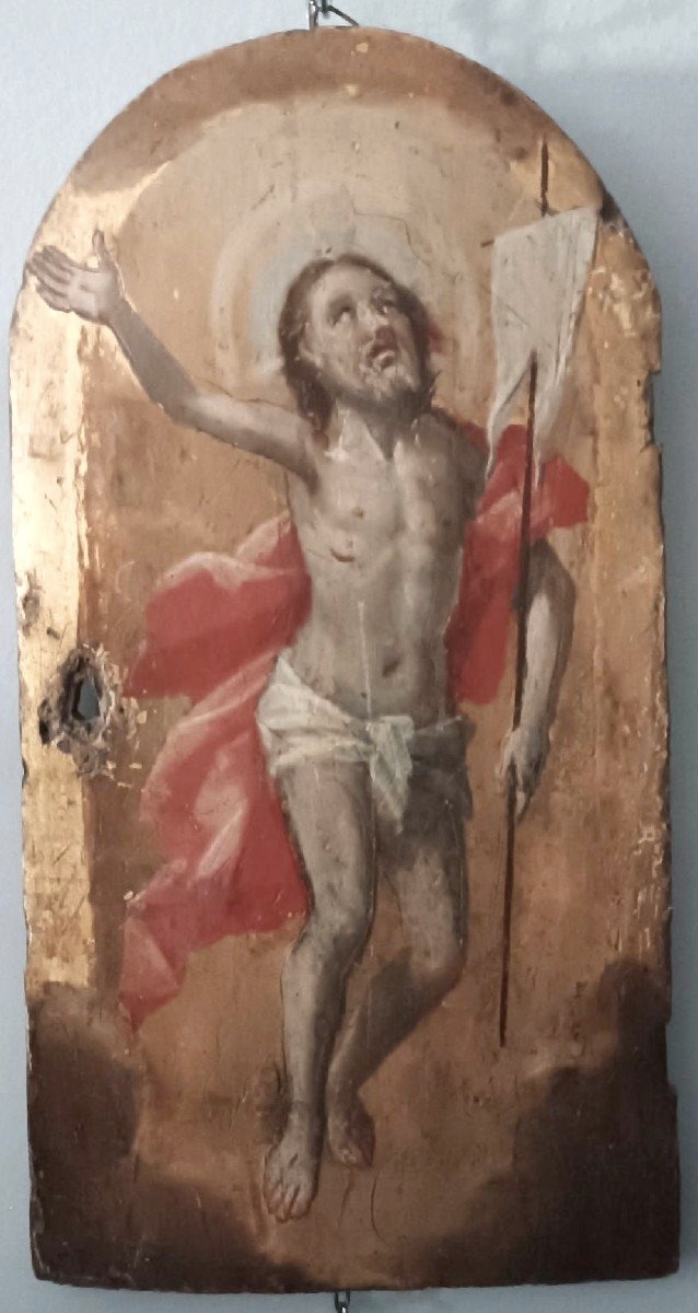 Antique Panel With Gold Background, Depicting The Risen Christ; Tabernacle Door Or Ciborium.-photo-3