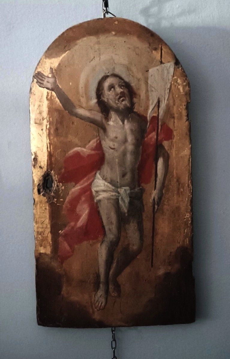 Antique Panel With Gold Background, Depicting The Risen Christ; Tabernacle Door Or Ciborium.-photo-2