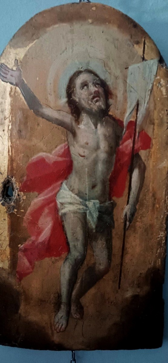 Antique Panel With Gold Background, Depicting The Risen Christ; Tabernacle Door Or Ciborium.-photo-1