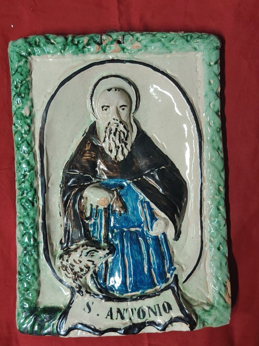 Plaque de dévotion en terre cuite Saint Antoine Abbè XIX siecle-photo-1