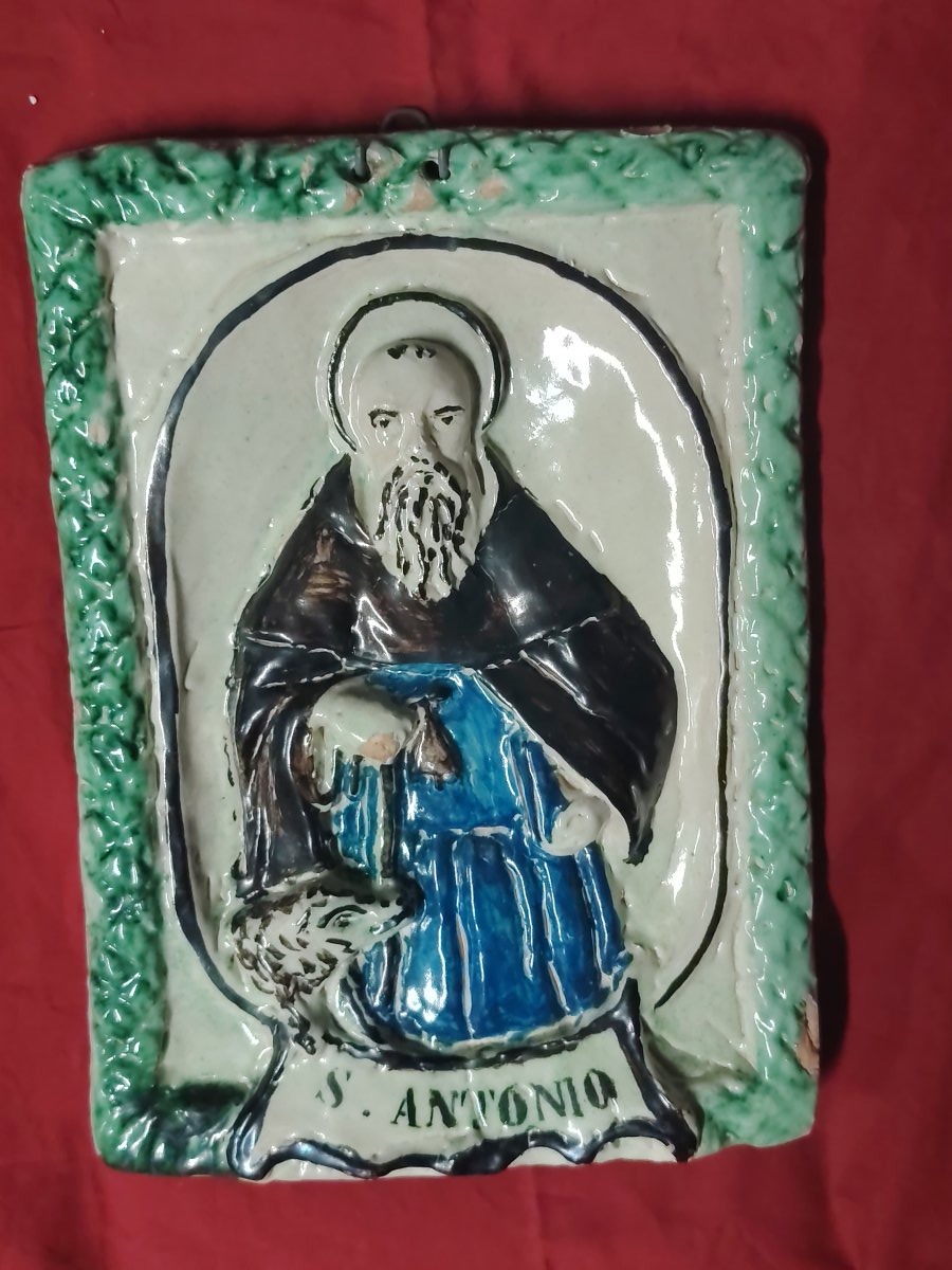 Plaque de dévotion en terre cuite Saint Antoine Abbè XIX siecle-photo-6