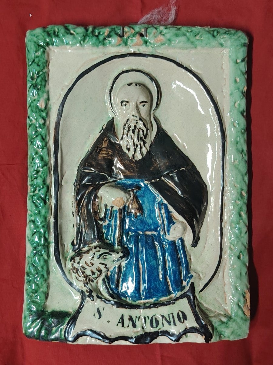 Plaque de dévotion en terre cuite Saint Antoine Abbè XIX siecle