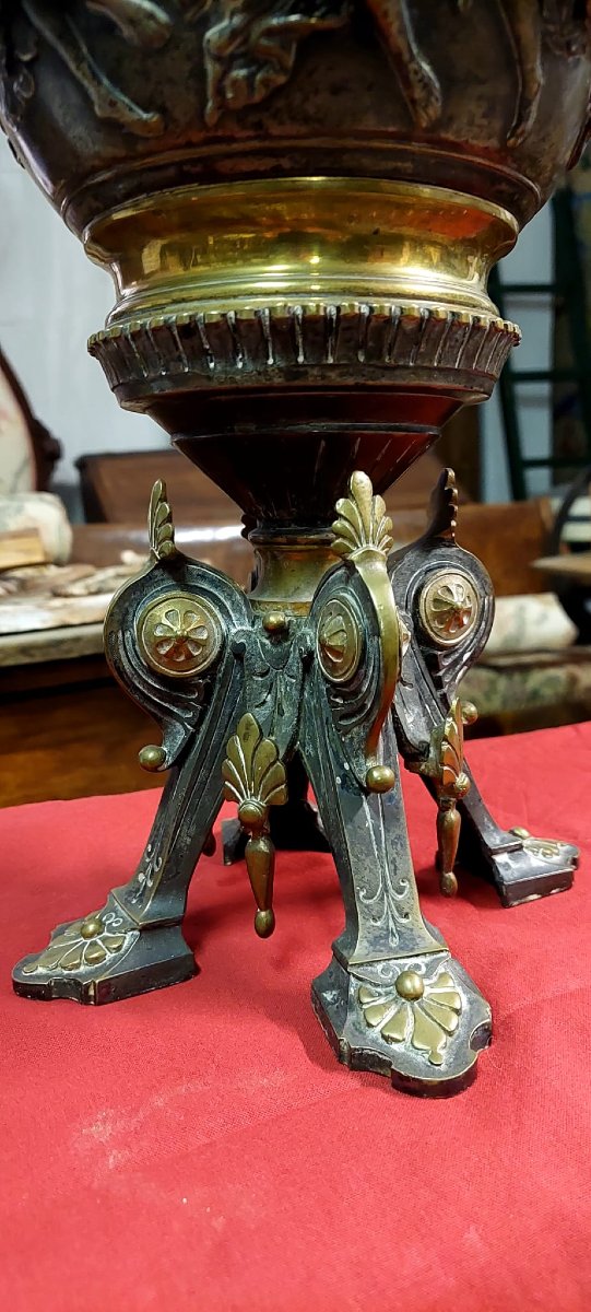 Grande lampe à pétrole de table ancienne en bronze de style néoclassique, XIX siecle-photo-1