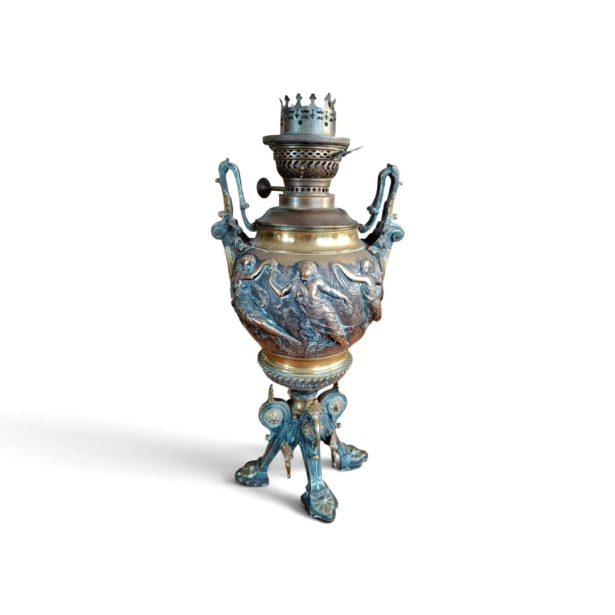 Grande lampe à pétrole de table ancienne en bronze de style néoclassique, XIX siecle-photo-5