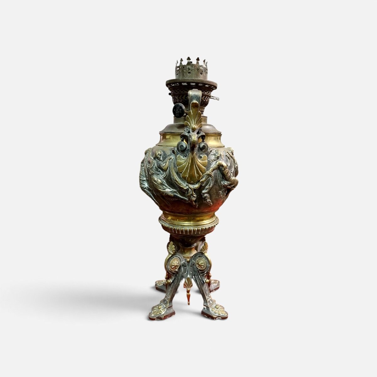 Grande lampe à pétrole de table ancienne en bronze de style néoclassique, XIX siecle