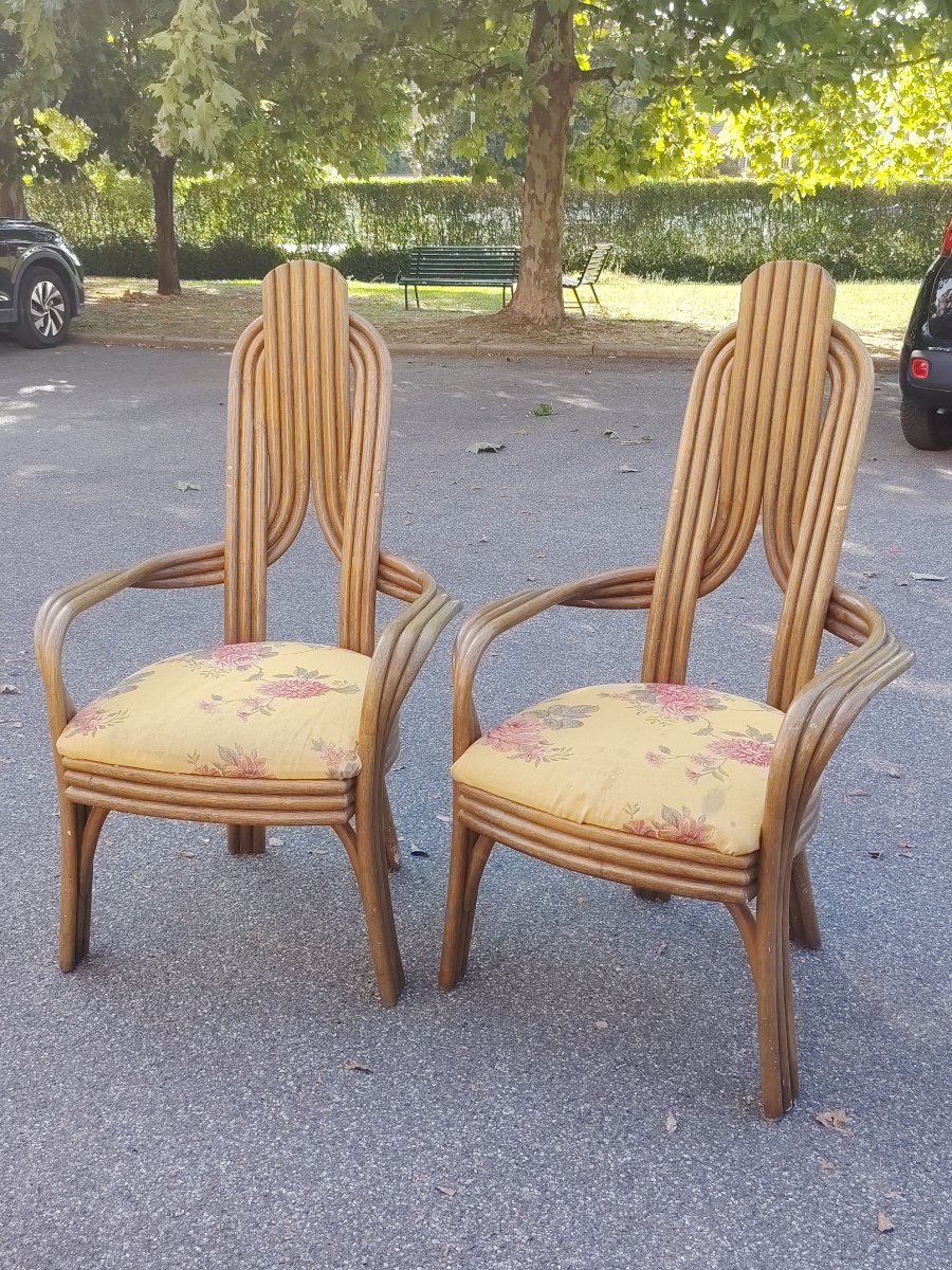 Paire de fauteuils  années 70 au design italien, en bambou cintré   -photo-1