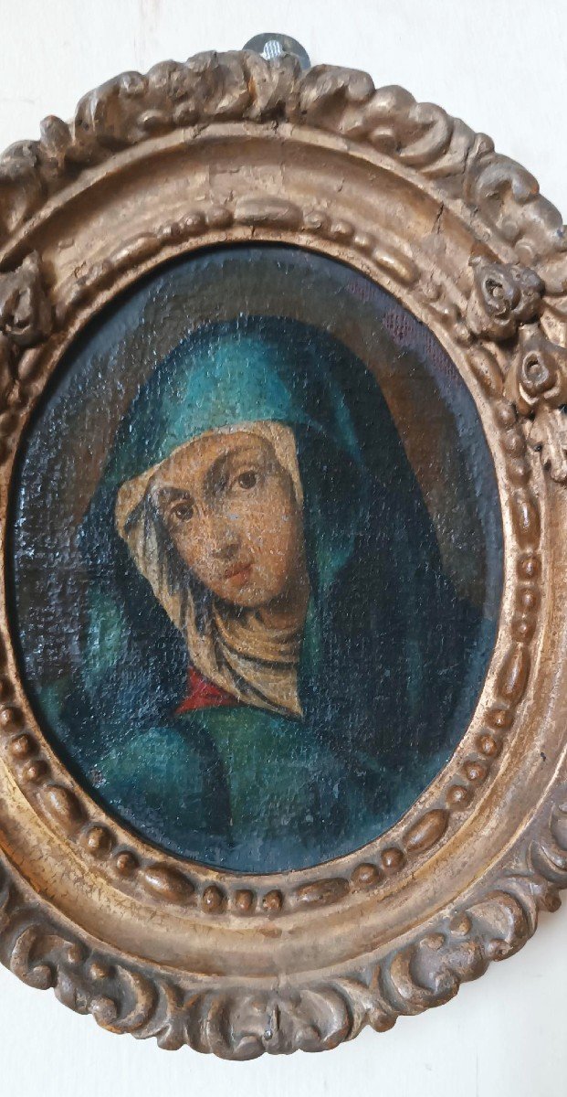 Antique Oval Painting In An Antique Frame, Depicting The Face Of The Madonna-photo-3