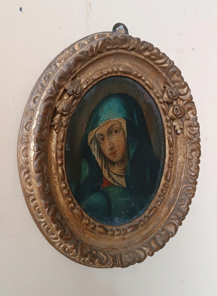 Antique Oval Painting In An Antique Frame, Depicting The Face Of The Madonna-photo-4