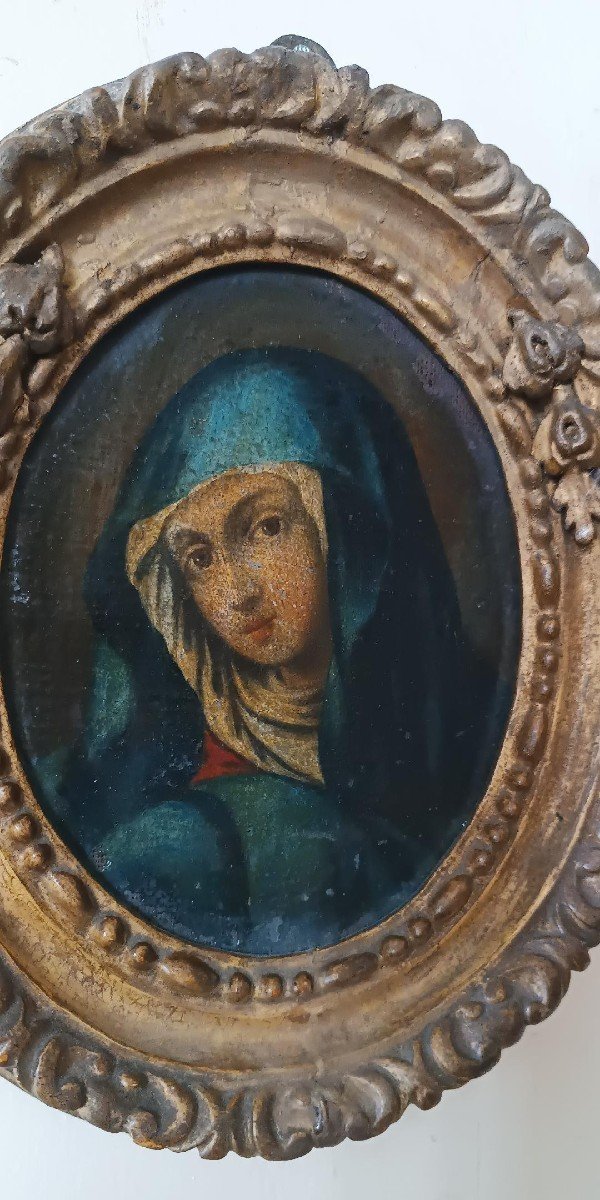 Antique Oval Painting In An Antique Frame, Depicting The Face Of The Madonna-photo-2