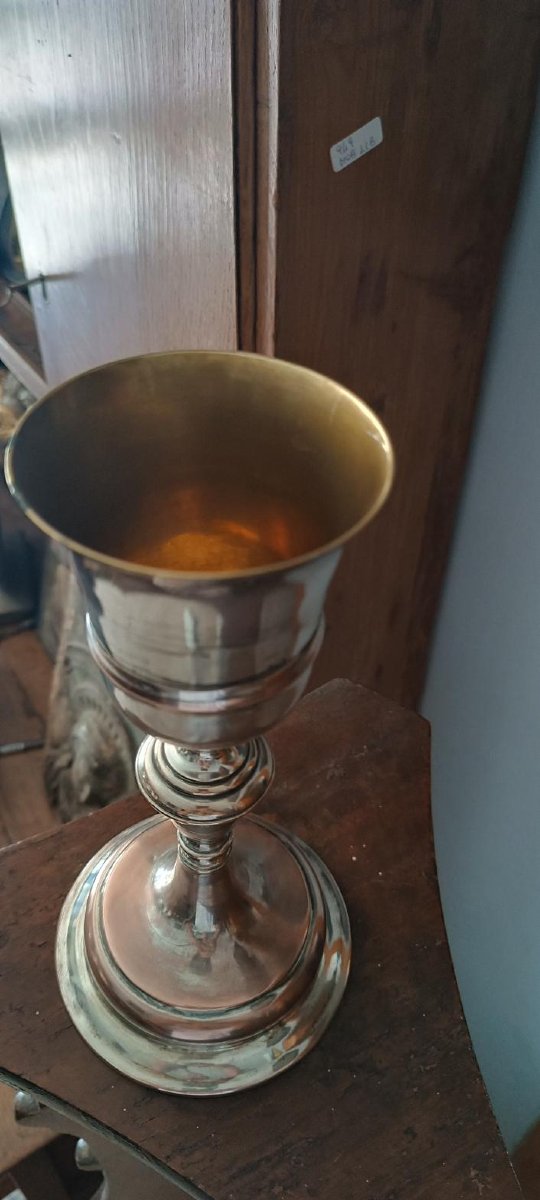 Calice ancien en cuivre et laiton argenté-photo-3