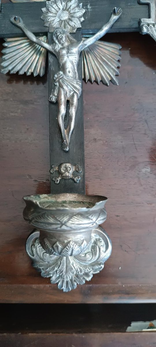 Crucifix ancien, bénitier en argent, Naples, XIXe siècle-photo-4