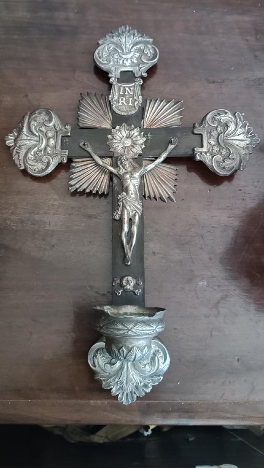 Antique Crucifix And Holy Water Font, Silver, 19th Century, Naples