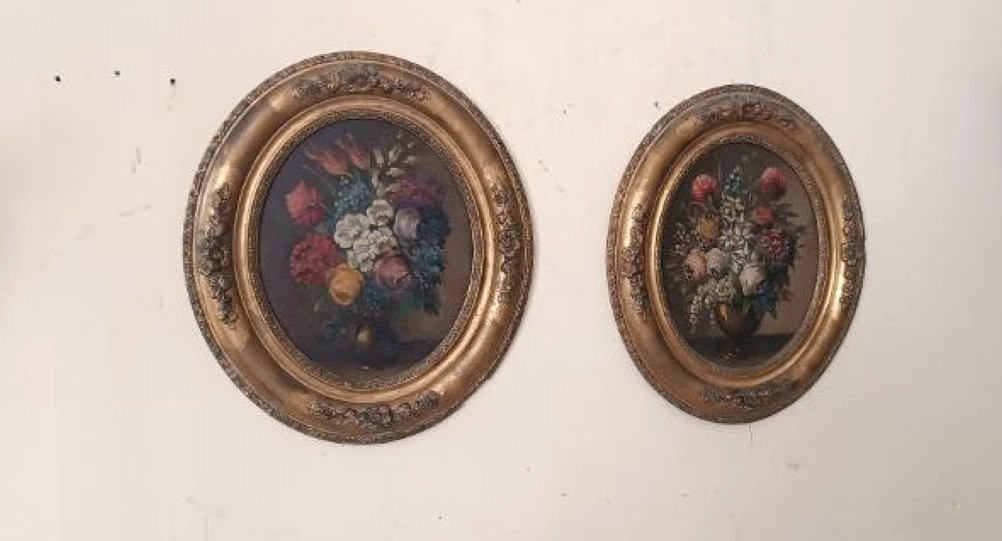 Pair Of Still Lifes On Canvas In Oval Gilded Wooden Frames, Late 19th Century-photo-2