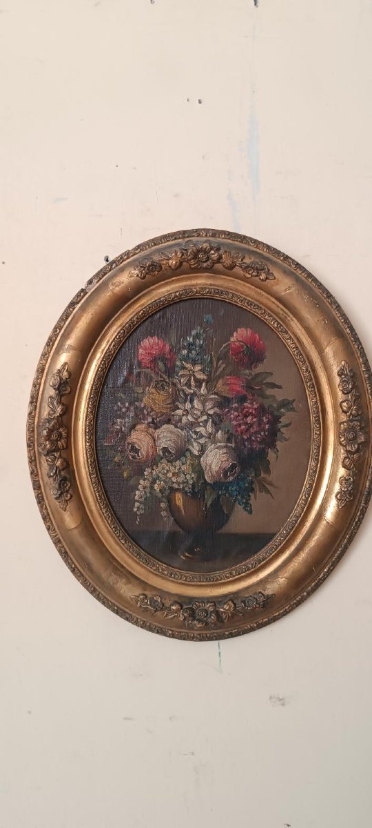 Pair Of Still Lifes On Canvas In Oval Gilded Wooden Frames, Late 19th Century-photo-3