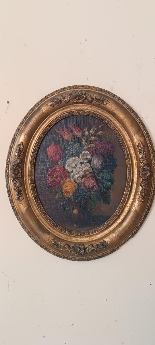 Pair Of Still Lifes On Canvas In Oval Gilded Wooden Frames, Late 19th Century-photo-4