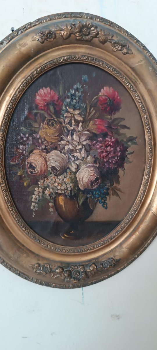 Pair Of Still Lifes On Canvas In Oval Gilded Wooden Frames, Late 19th Century-photo-1