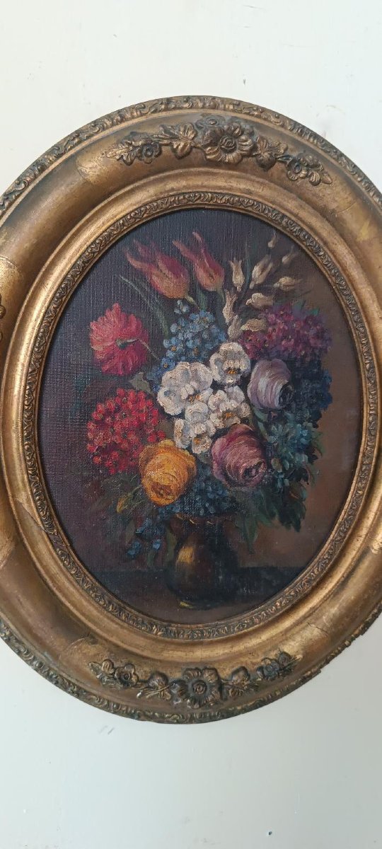 Pair Of Still Lifes On Canvas In Oval Gilded Wooden Frames, Late 19th Century-photo-2