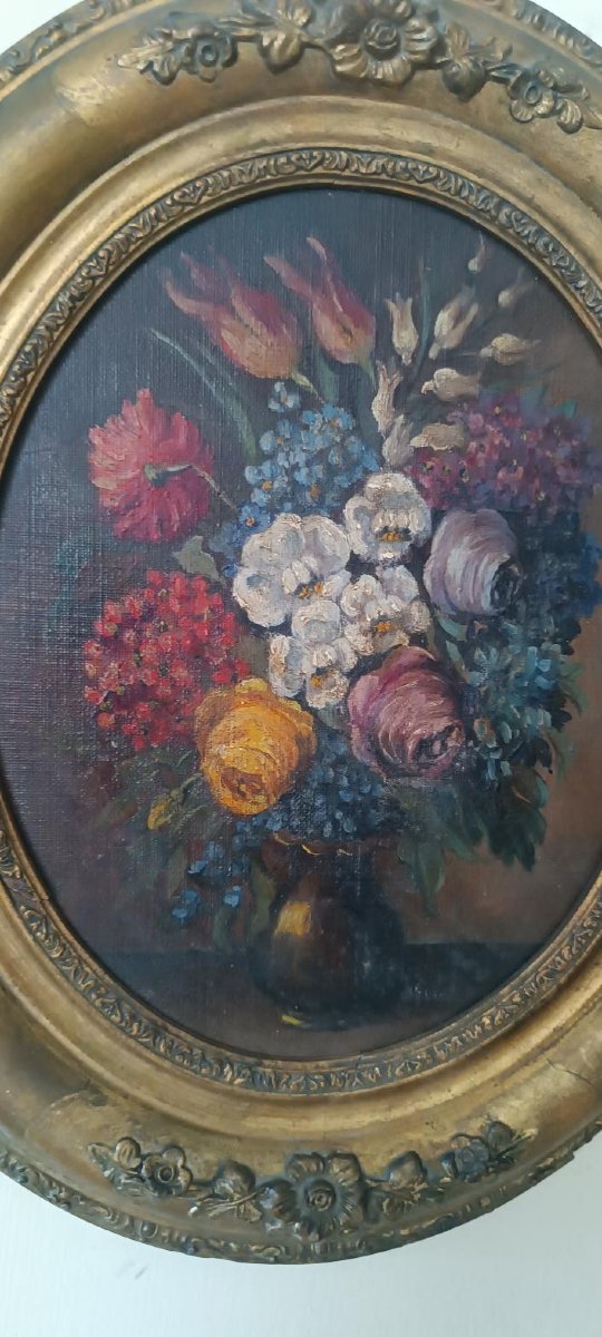 Pair Of Still Lifes On Canvas In Oval Gilded Wooden Frames, Late 19th Century-photo-3
