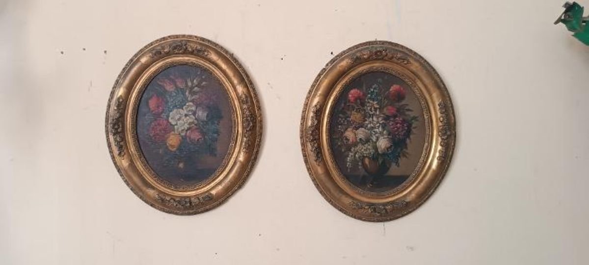 Pair Of Still Lifes On Canvas In Oval Gilded Wooden Frames, Late 19th Century-photo-4