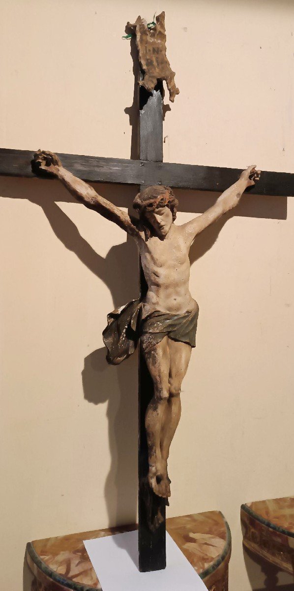 Large Antique Polychrome Wooden Statue Of Christ From The Late 17th Century --photo-2