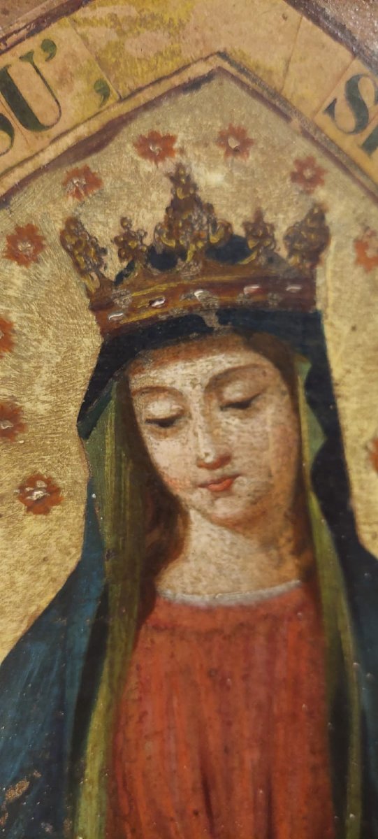 TABLEAU SUR TOILE MADONE À L'ENFANT CADRE DORÉ ORIGINAL XIXème SIÈCLE-photo-2
