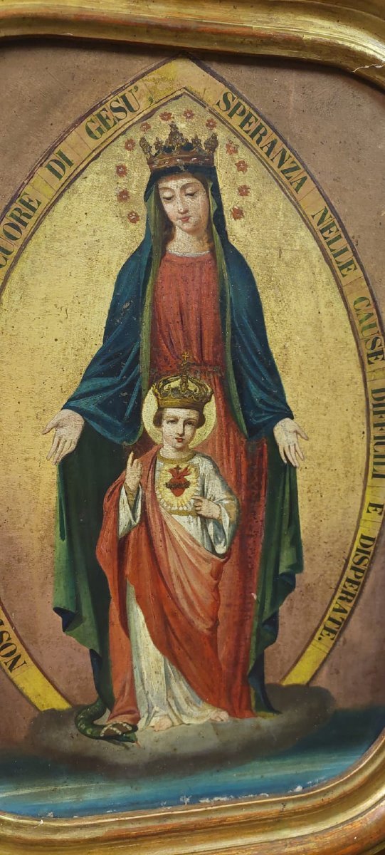 TABLEAU SUR TOILE MADONE À L'ENFANT CADRE DORÉ ORIGINAL XIXème SIÈCLE-photo-4