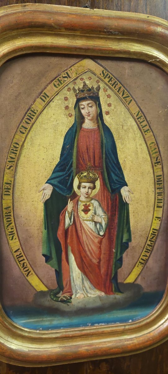 TABLEAU SUR TOILE MADONE À L'ENFANT CADRE DORÉ ORIGINAL XIXème SIÈCLE-photo-2