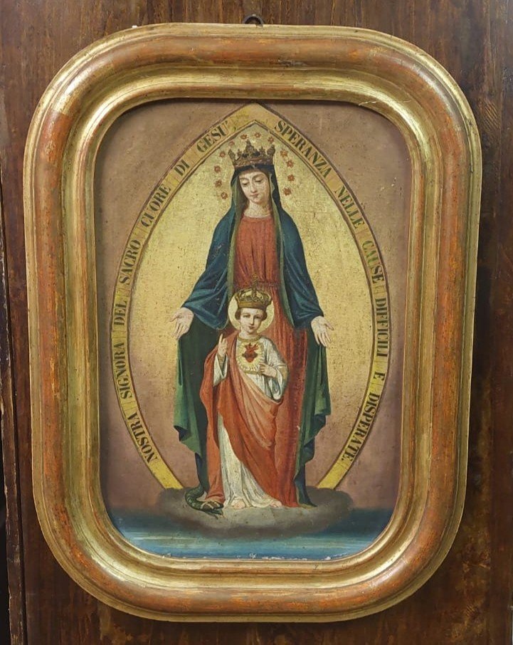 TABLEAU SUR TOILE MADONE À L'ENFANT CADRE DORÉ ORIGINAL XIXème SIÈCLE-photo-5
