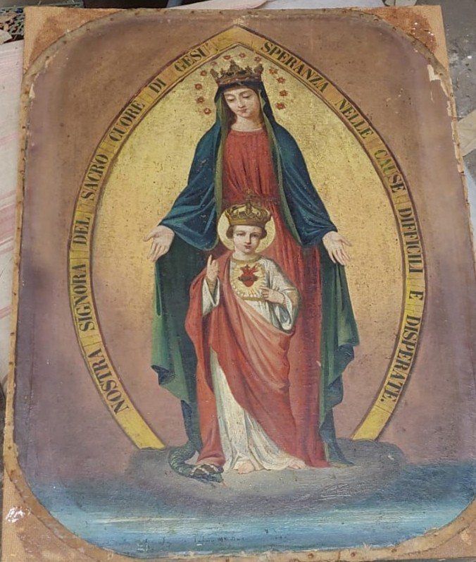 TABLEAU SUR TOILE MADONE À L'ENFANT CADRE DORÉ ORIGINAL XIXème SIÈCLE-photo-6