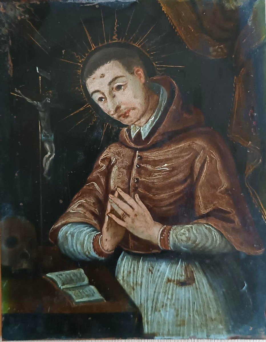 Antique Painting On Copper—st. Charles Borromeo—17th-century Italian School-photo-2