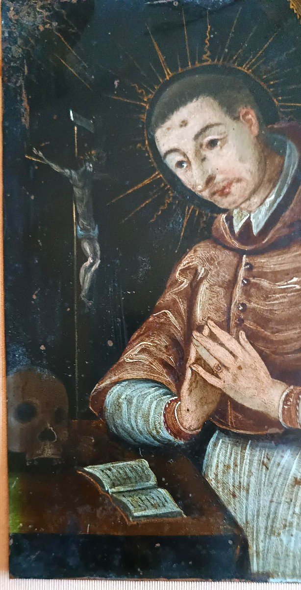 Antique Painting On Copper—st. Charles Borromeo—17th-century Italian School-photo-1