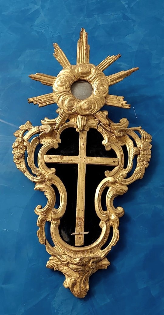 Antique Frame With A Crucifix, Made Of Carved And Gilded Wood, 18th Century