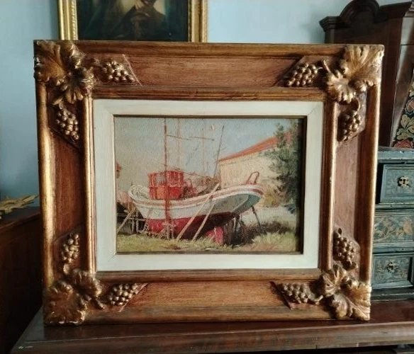 Seascape Oil Painting On Masonite From The First Half Of The 20th Century, Signed, With A Gilded Wooden Frame-photo-2