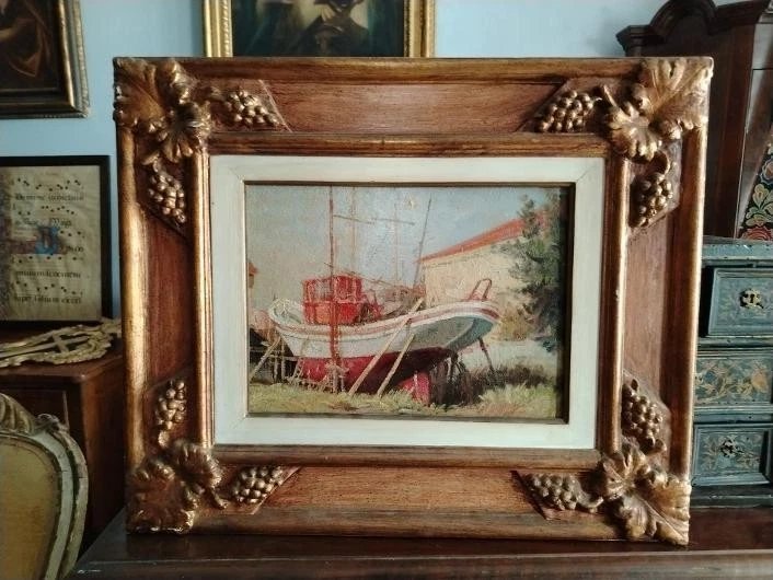 Seascape Oil Painting On Masonite From The First Half Of The 20th Century, Signed, With A Gilded Wooden Frame-photo-2