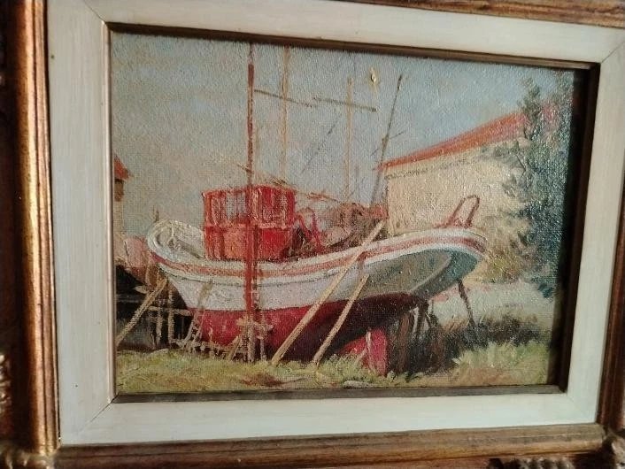 Seascape Oil Painting On Masonite From The First Half Of The 20th Century, Signed, With A Gilded Wooden Frame-photo-3