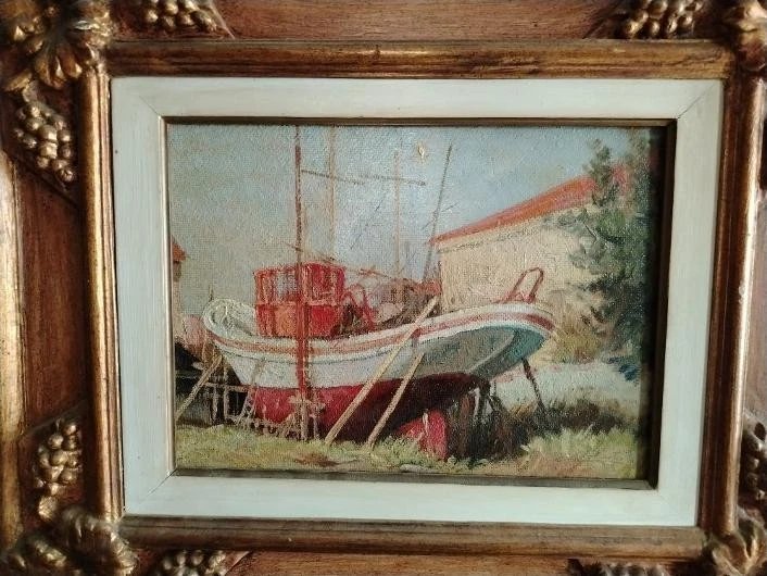 Seascape Oil Painting On Masonite From The First Half Of The 20th Century, Signed, With A Gilded Wooden Frame-photo-5