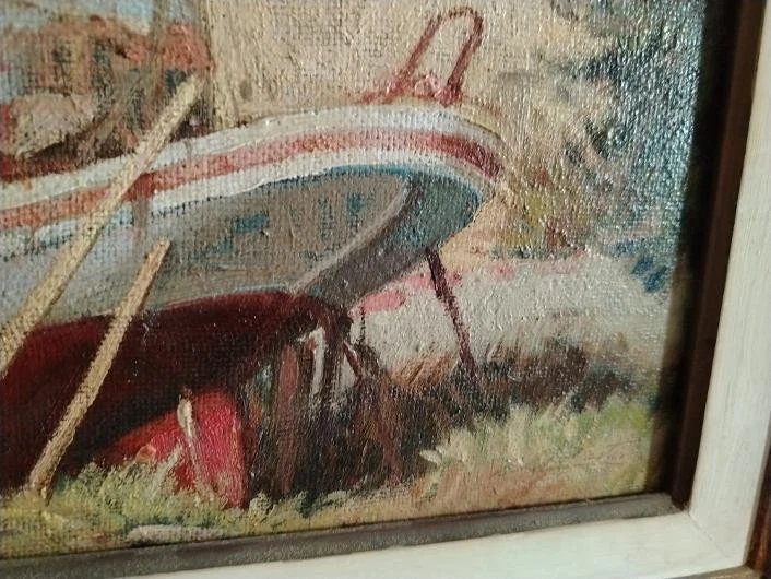 Seascape Oil Painting On Masonite From The First Half Of The 20th Century, Signed, With A Gilded Wooden Frame-photo-6