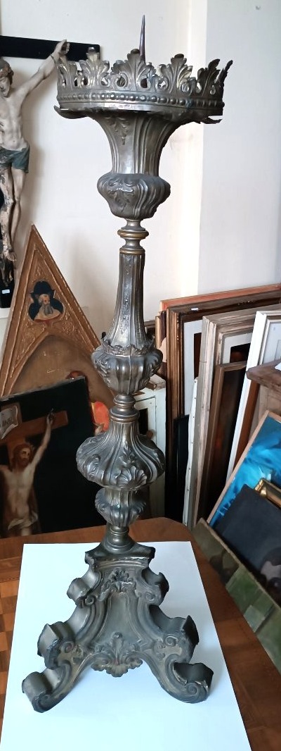 Large Antique Silver-plated Sheet Bronze Candlestick, 18th Century-photo-2