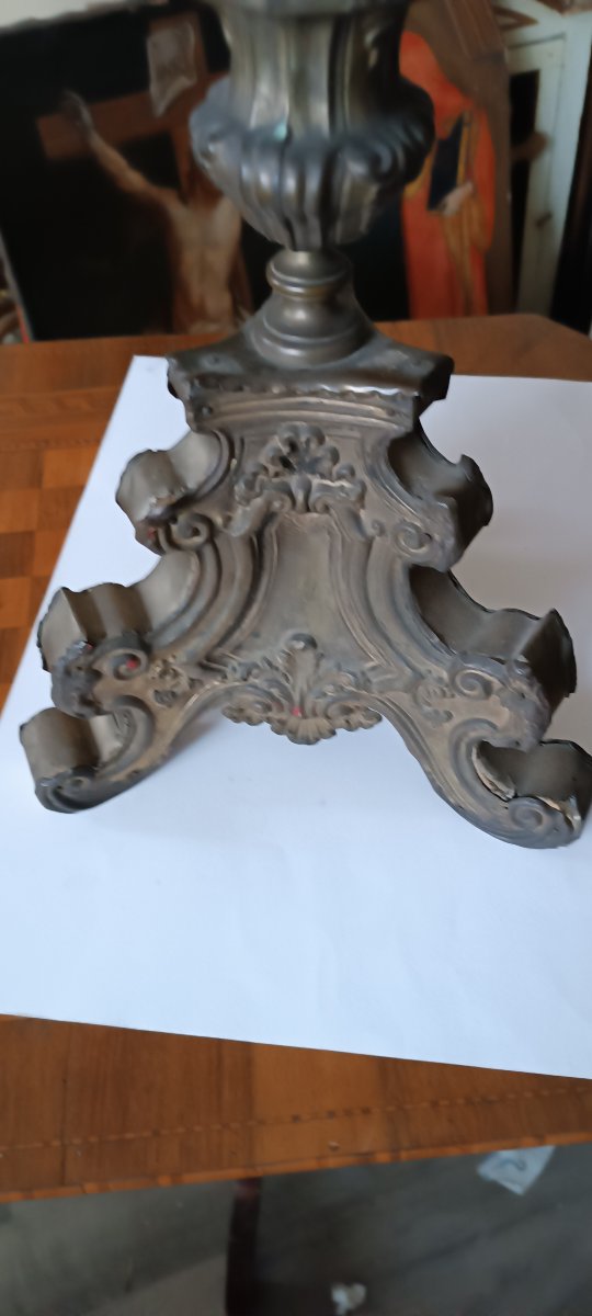 Large Antique Silver-plated Sheet Bronze Candlestick, 18th Century-photo-3