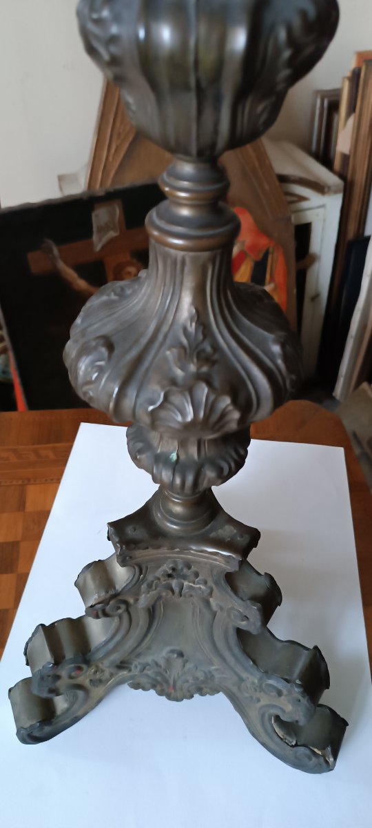 Large Antique Silver-plated Sheet Bronze Candlestick, 18th Century-photo-4