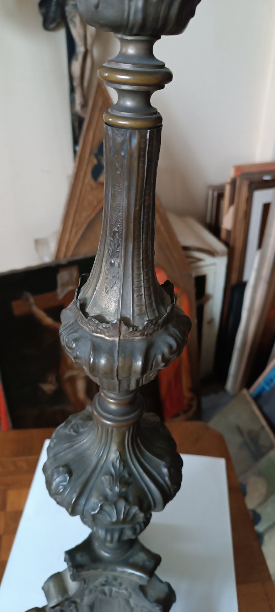 Large Antique Silver-plated Sheet Bronze Candlestick, 18th Century-photo-1