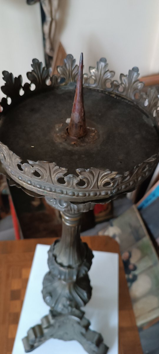 Large Antique Silver-plated Sheet Bronze Candlestick, 18th Century-photo-2