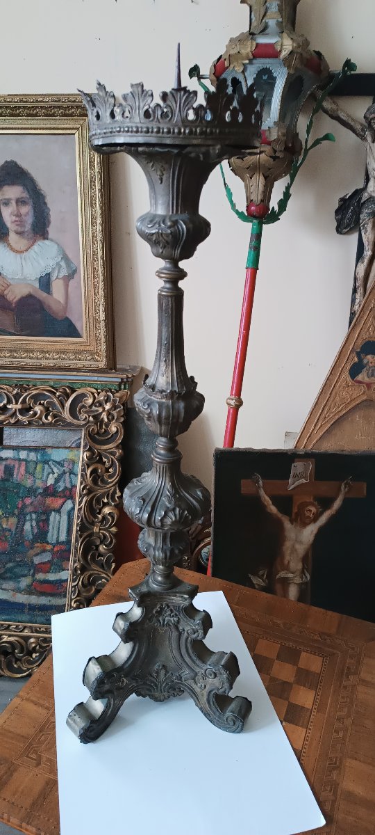 Large Antique Silver-plated Sheet Bronze Candlestick, 18th Century-photo-3