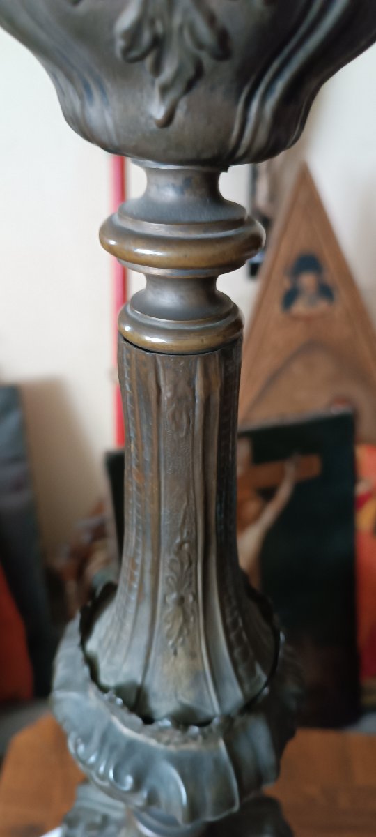 Large Antique Silver-plated Sheet Bronze Candlestick, 18th Century-photo-5