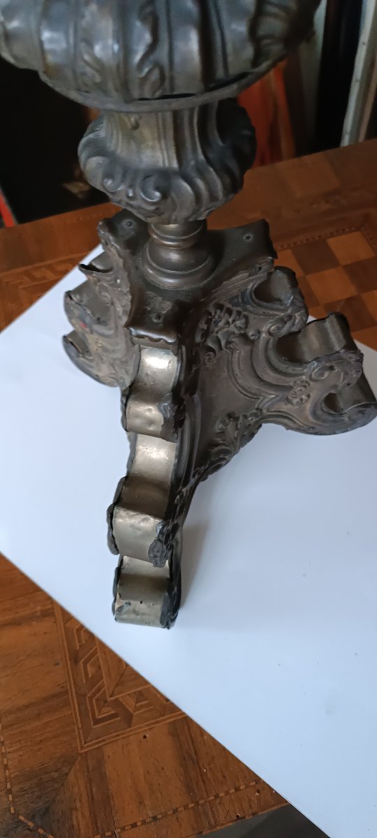 Large Antique Silver-plated Sheet Bronze Candlestick, 18th Century-photo-6