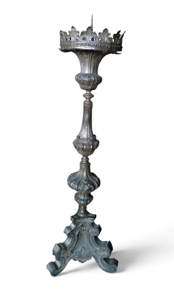 Large Antique Silver-plated Sheet Bronze Candlestick, 18th Century