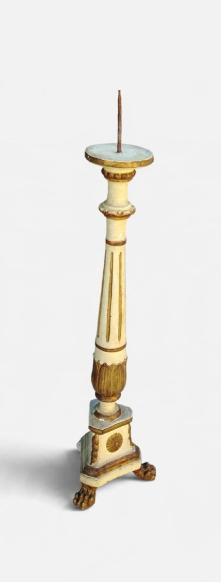 Grand chandelier ancien en bois sculpté, laqiué et doré, 107 cm-photo-2