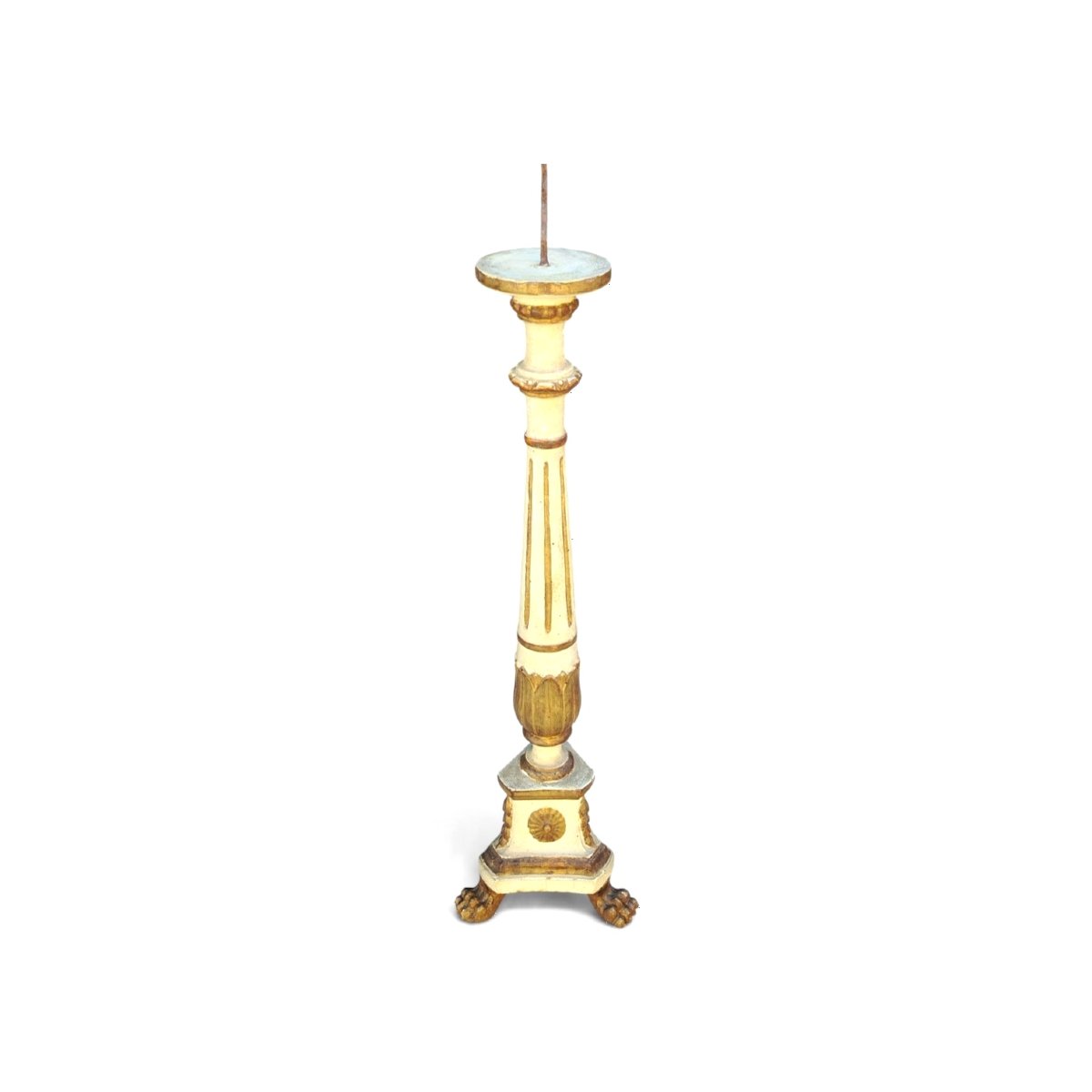Grand chandelier ancien en bois sculpté, laqiué et doré, 107 cm-photo-6