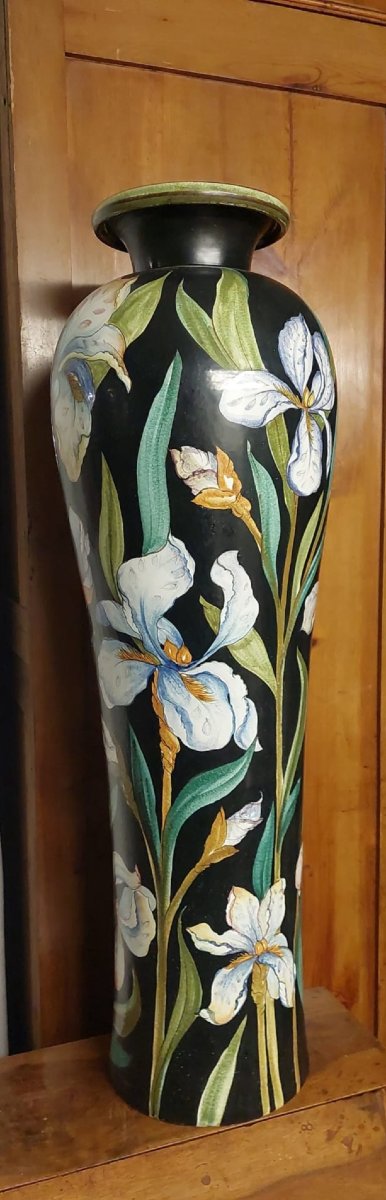 Monumental 100-cm Vase Made Of Painted Art Nouveau Ceramic-photo-2
