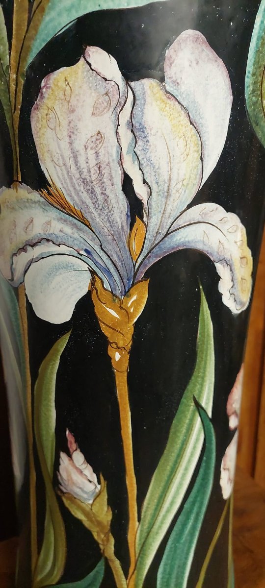 Monumental 100-cm Vase Made Of Painted Art Nouveau Ceramic-photo-3